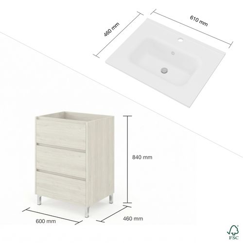 Meuble Vasque L.60cm Sur Pied 3 Tiroirs Chêne Blanchi Lisbona - Sans Colonne