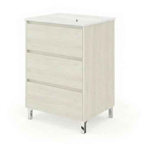 Meuble Vasque L.60cm Sur Pied 3 Tiroirs Chêne Blanchi Lisbona - Sans Colonne