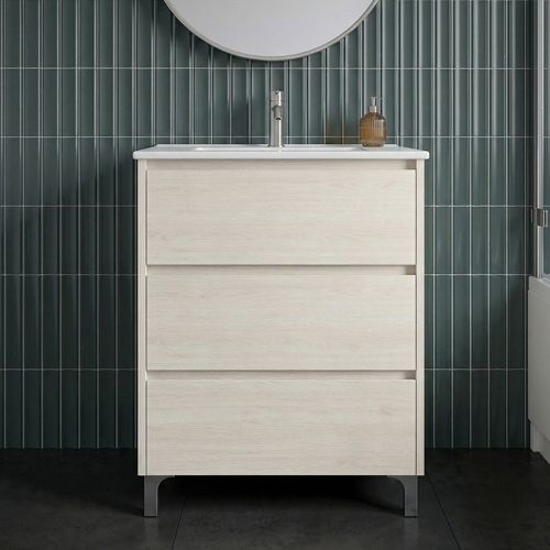 Meuble Vasque L.60cm Sur Pied 3 Tiroirs Chêne Blanchi Lisbona - Sans Colonne