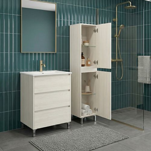 Meuble Vasque L.60cm Sur Pied 3 Tiroirs Chêne Blanchi Lisbona - Sans Colonne