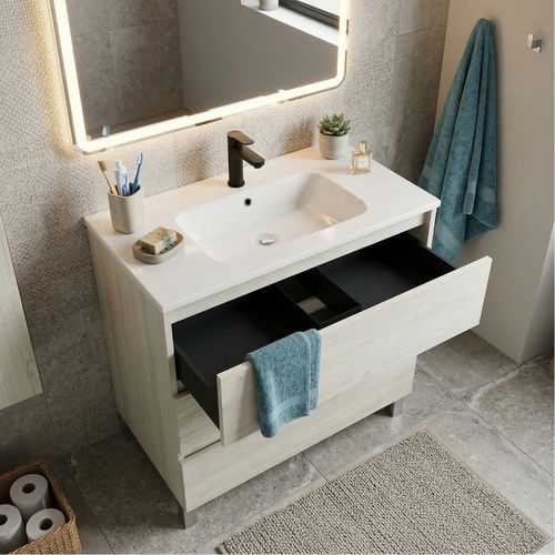 Meuble Vasque L.80cm Sur Pied 3 Tiroirs Chêne Blanchi Lisbona - Sans Colonne