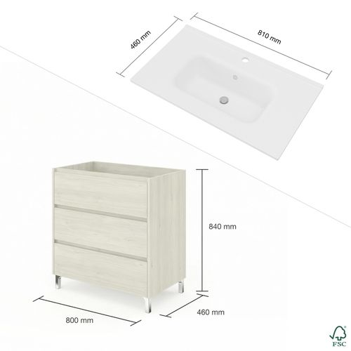 Meuble Vasque L.80cm Sur Pied 3 Tiroirs Chêne Blanchi Lisbona - Sans Colonne