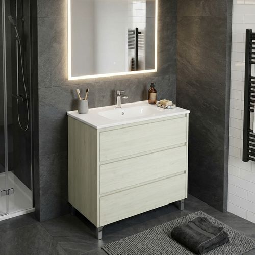 Meuble Vasque L.80cm Sur Pied 3 Tiroirs Chêne Blanchi Lisbona - Sans Colonne