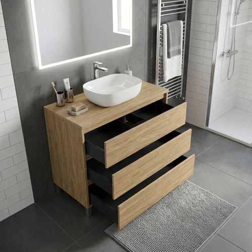 Meuble Vasque à Poser L.100cm Sur Pied 3 Tiroirs Chêne Naturel Lisbona - Sans Colonne