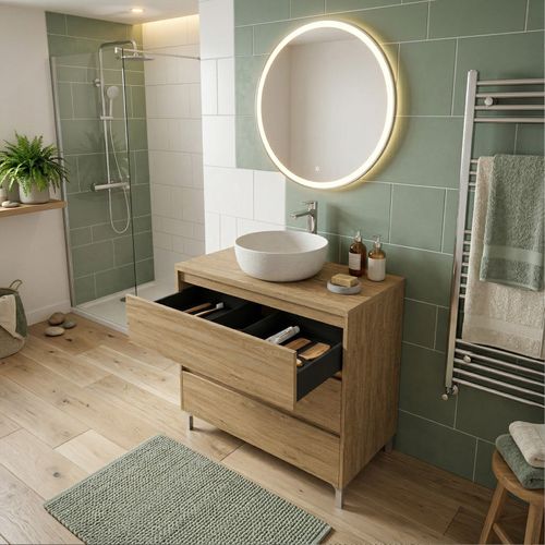 Meuble Vasque à Poser L.100cm Sur Pied 3 Tiroirs Chêne Naturel Lisbona - Sans Colonne