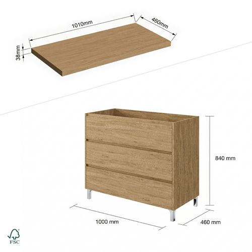 Meuble Vasque à Poser L.100cm Sur Pied 3 Tiroirs Chêne Naturel Lisbona - Sans Colonne