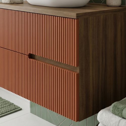Meuble Double Vasque à Poser L. 120 Cm Chêne Moka 4 Tiroirs Brique Cannelé Eva - Sans Colonne