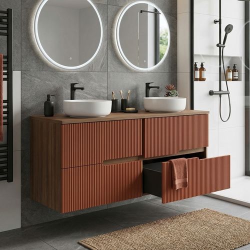 Meuble Double Vasque à Poser L. 120 Cm Chêne Moka 4 Tiroirs Brique Cannelé Eva - Sans Colonne