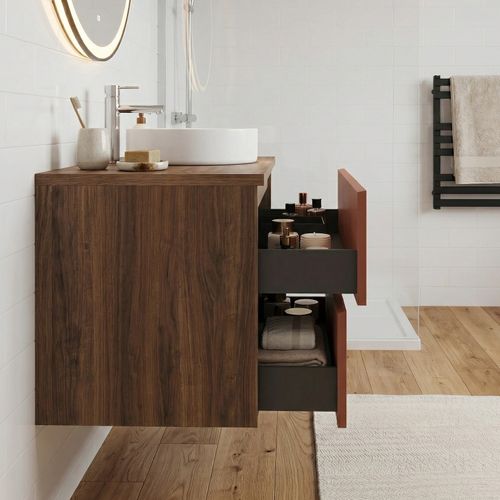 Meuble Double Vasque à Poser L. 120 Cm Chêne Moka 4 Tiroirs Brique Cannelé Eva - Sans Colonne