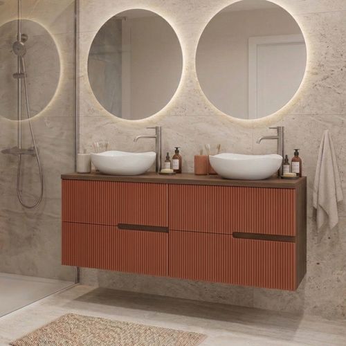 Meuble Double Vasque à Poser L. 120 Cm Chêne Moka 4 Tiroirs Brique Cannelé Eva - Sans Colonne