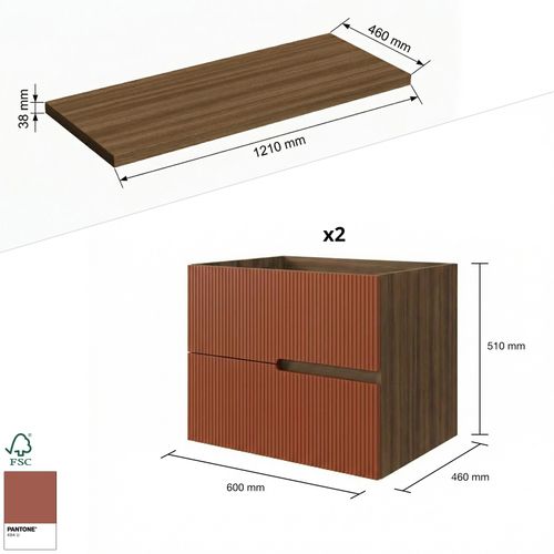 Meuble Double Vasque à Poser L. 120 Cm Chêne Moka 4 Tiroirs Brique Cannelé Eva - Sans Colonne