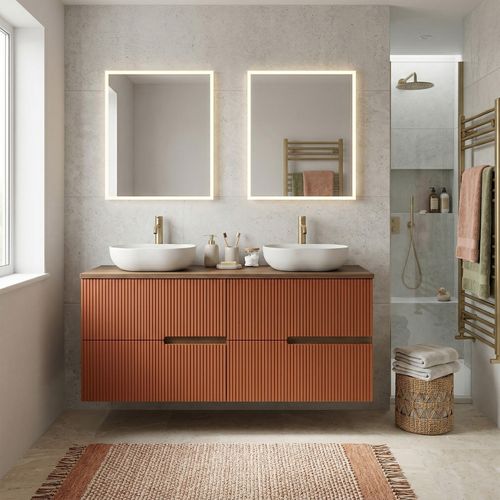 Meuble Double Vasque à Poser L. 120 Cm Chêne Moka 4 Tiroirs Brique Cannelé Eva - Sans Colonne
