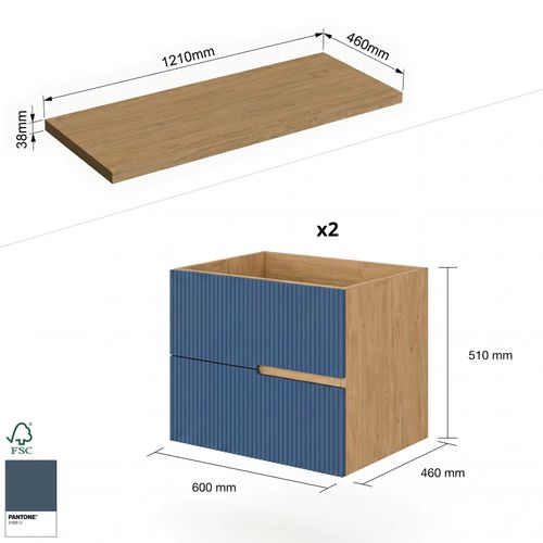 Meuble Double Vasque à Poser L. 120 Cm Chêne Naturel 4 Tiroirs Bleu Mer Cannelé Eva - Sans Colonne