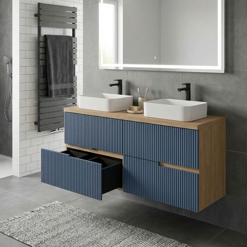 Meuble Double Vasque à Poser L. 120 Cm Chêne Naturel 4 Tiroirs Bleu Mer Cannelé Eva - Sans Colonne