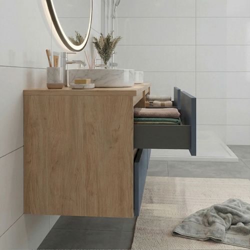 Meuble Double Vasque à Poser L. 120 Cm Chêne Naturel 4 Tiroirs Bleu Mer Cannelé Eva - Sans Colonne
