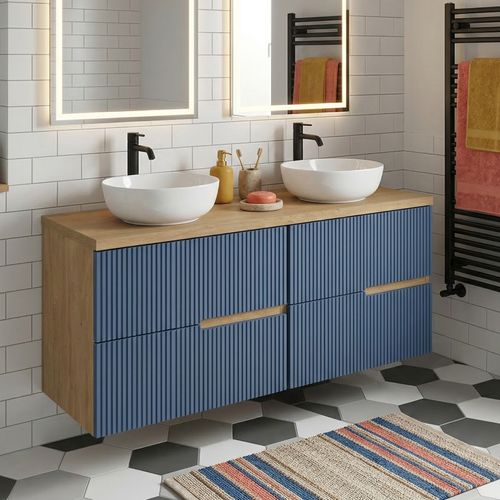 Meuble Double Vasque à Poser L. 120 Cm Chêne Naturel 4 Tiroirs Bleu Mer Cannelé Eva - Sans Colonne