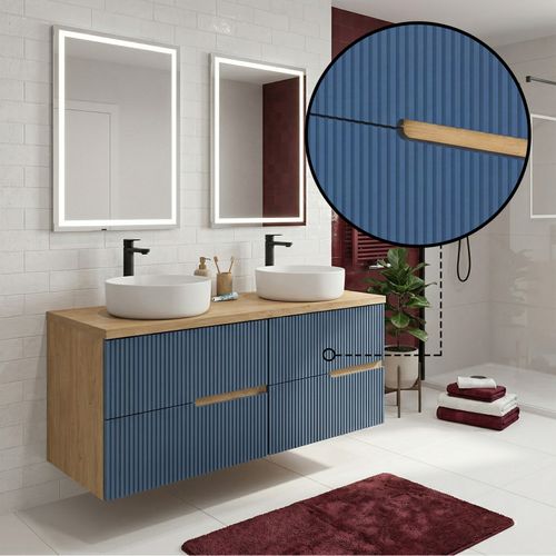Meuble Double Vasque à Poser L. 120 Cm Chêne Naturel 4 Tiroirs Bleu Mer Cannelé Eva - Sans Colonne