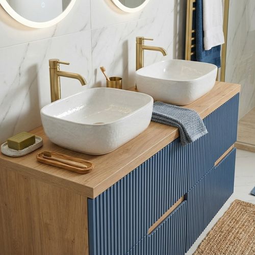 Meuble Double Vasque à Poser L. 120 Cm Chêne Naturel 4 Tiroirs Bleu Mer Cannelé Eva - Sans Colonne