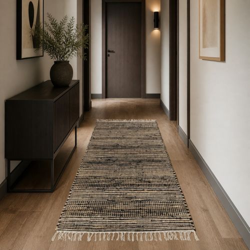 Tapis À Franges En Jute Noir Motif Rayé Naturel 60x110 - Style Bohème