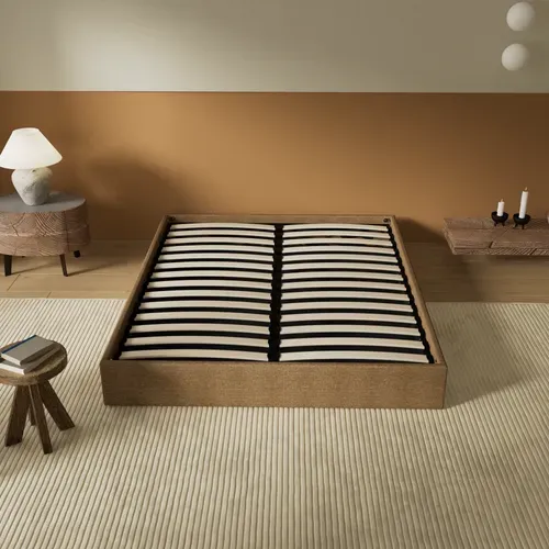 Lit Coffre 160 X 200 Cm, Sommier à Lattes En Bois, Cadre En Tissu Brun