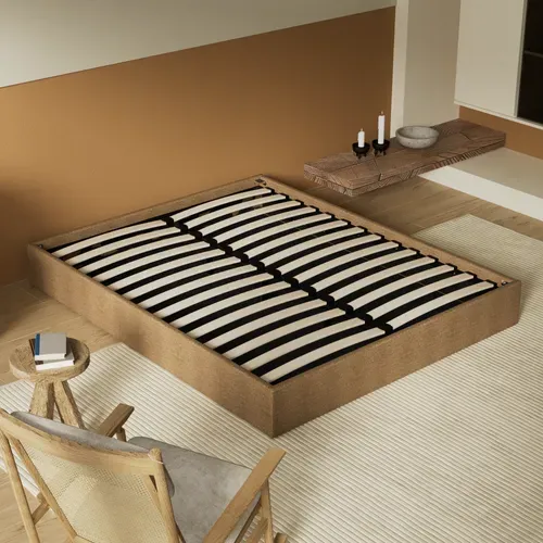 Lit Coffre 160 X 200 Cm, Sommier à Lattes En Bois, Cadre En Tissu Brun