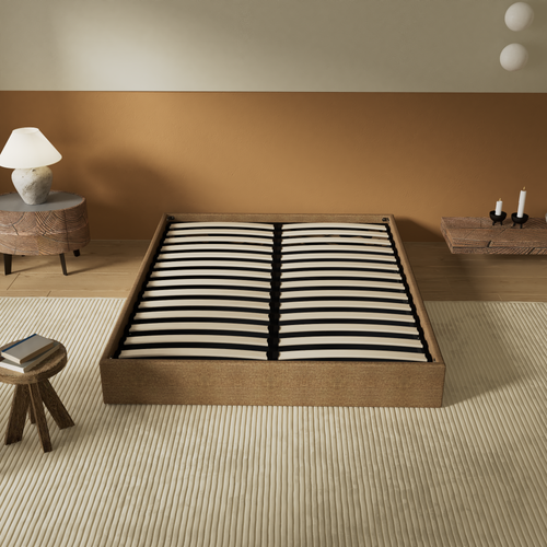 Lit Coffre 140 X 200 Cm, Sommier à Lattes En Bois, Cadre En Tissu Brun