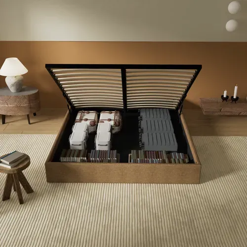 Lit Coffre 140 X 190 Cm, Sommier à Lattes En Bois, Cadre En Tissu Brun