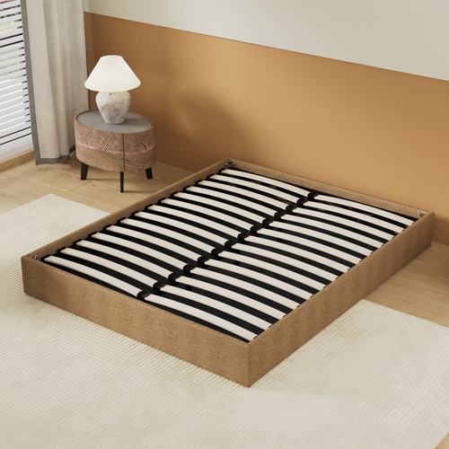 Lit Coffre 140 X 190 Cm, Sommier à Lattes En Bois, Cadre En Tissu Brun