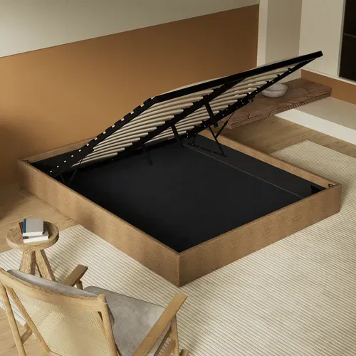 Lit Coffre 140 X 190 Cm, Sommier à Lattes En Bois, Cadre En Tissu Brun