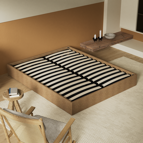 Lit Coffre 140 X 190 Cm, Sommier à Lattes En Bois, Cadre En Tissu Brun