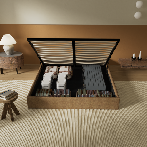 Lit coffre 120 x 190 cm, sommier à lattes en bois, cadre en tissu brun