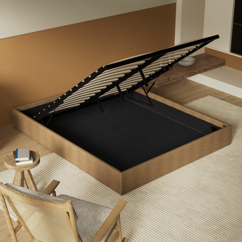 Lit coffre 120 x 190 cm, sommier à lattes en bois, cadre en tissu brun