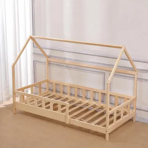 Lit Cabane 90x190 Cm Bois Avec Sommier Inclus, Hauteur Des Pieds 10cm