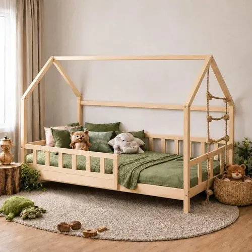 Lit Cabane 90x190 Cm Bois Avec Sommier Inclus, Hauteur Des Pieds 10cm