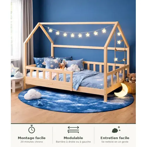 Lit Cabane 90x190 Cm Bois Avec Sommier Inclus, Hauteur Des Pieds 10cm