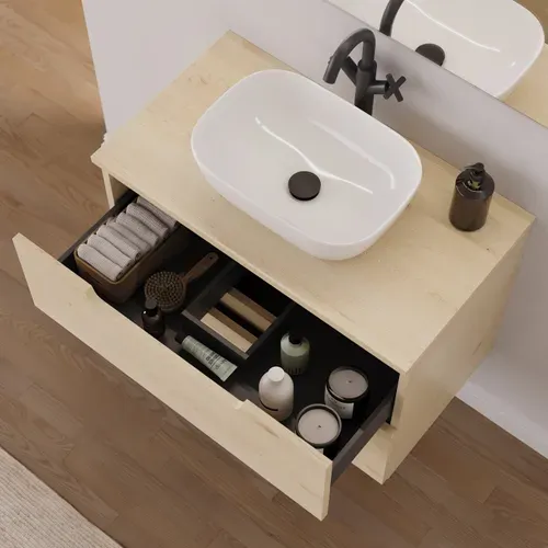 Meuble De Salle De Bain 80cm Plateau Et Vasque À Poser Arrondie - 2 Tiroirs - Roble Calima - Sonriza