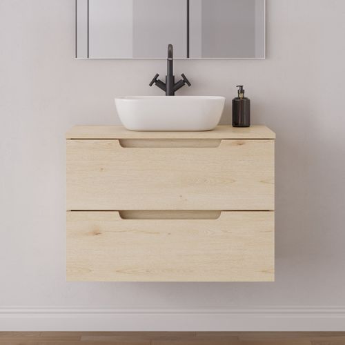 Meuble De Salle De Bain 80cm Plateau Et Vasque À Poser Arrondie - 2 Tiroirs - Roble Calima - Sonriza