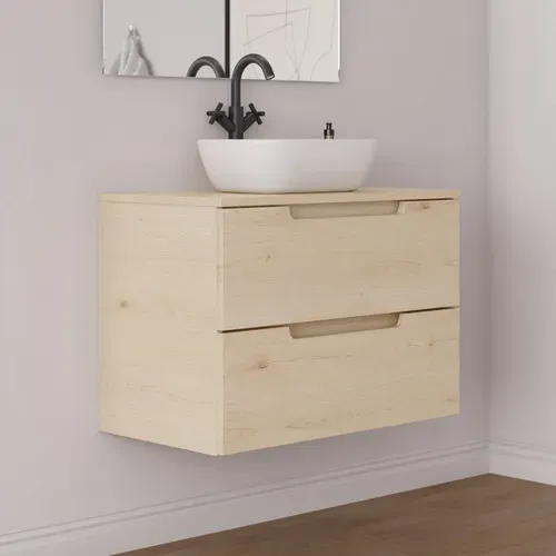 Meuble De Salle De Bain 80cm Plateau Et Vasque À Poser Arrondie - 2 Tiroirs - Roble Calima - Sonriza