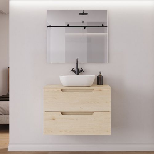 Meuble De Salle De Bain 80cm Plateau Et Vasque À Poser Arrondie - 2 Tiroirs - Roble Calima - Sonriza