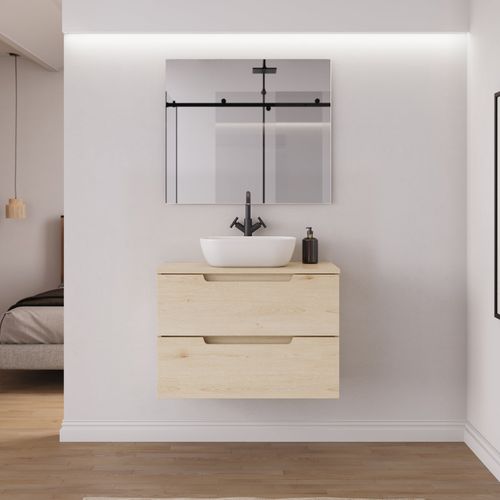 Meuble De Salle De Bain 80cm Plateau Et Vasque À Poser Arrondie - 2 Tiroirs - Roble Calima - Sonriza