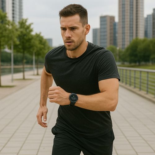 Montre Connectée Sportive Et Classique, Écran Amoled 1,57'' Tactile, Bracelet Cuir Noir, Bluetooth,