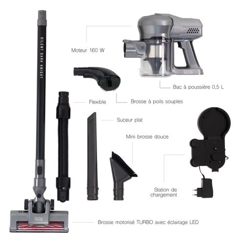 Aspirateur Balai 2 en 1 Rechargeable Animaux Silent Noir Aluminium 160w - 22.2v - Bat-h20bpet