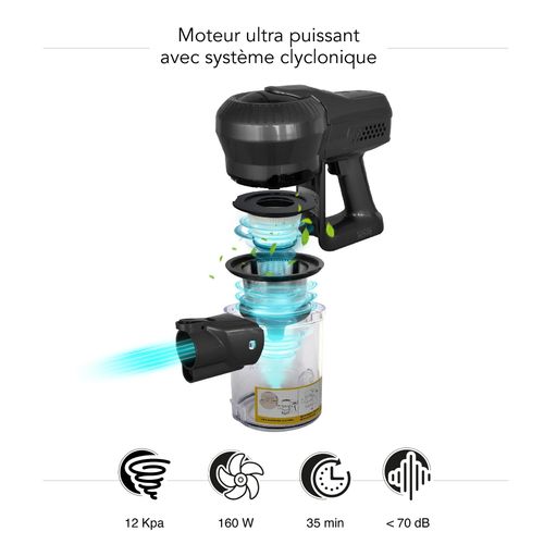 Aspirateur Balai 2 en 1 Rechargeable Animaux Silent Noir Aluminium 160w - 22.2v - Bat-h20bpet