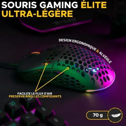 Souris Gaming Filaire Ultra-légère 12 800 Dpi Rgb Noire