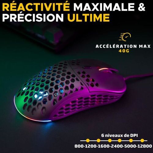 Souris Gaming Filaire Ultra-légère 12 800 Dpi Rgb Noire