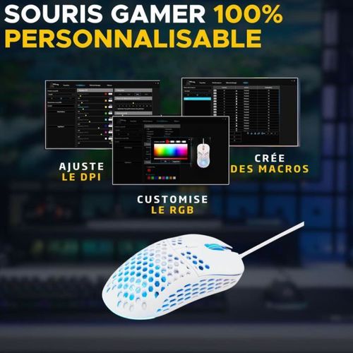 Souris Gaming Filaire Ultra-légère 12 800 Dpi Rgb 6 Boutons Blanche