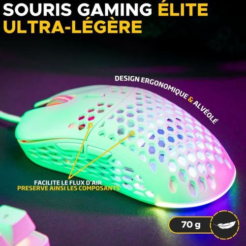 Souris Gaming Filaire Ultra-légère 12 800 Dpi Rgb 6 Boutons Blanche
