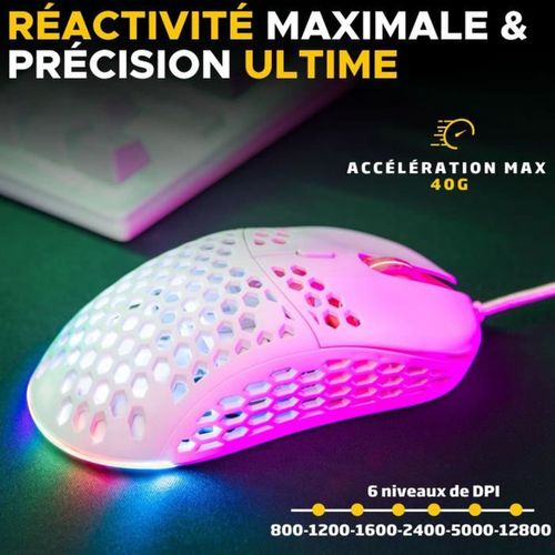 Souris Gaming Filaire Ultra-légère 12 800 Dpi Rgb 6 Boutons Blanche