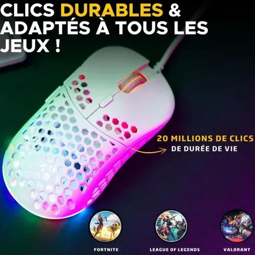Souris Gaming Filaire Ultra-légère 12 800 Dpi Rgb 6 Boutons Blanche