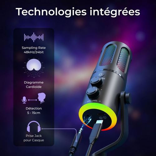Microphone De Bureau K-mic-neon — Cardioïde USB et Jack 3,5 Mm, Rgb